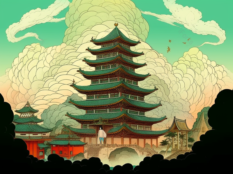 古塔女孩寺庙中国风古典建筑插画背景,插画/手绘图,插画/手绘图库,插画/手绘图下载,插画/手绘
